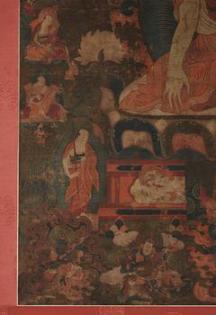 A Tibetan thangka of Shakyamuni Buddha with the eighteen  arhats, 18th century.