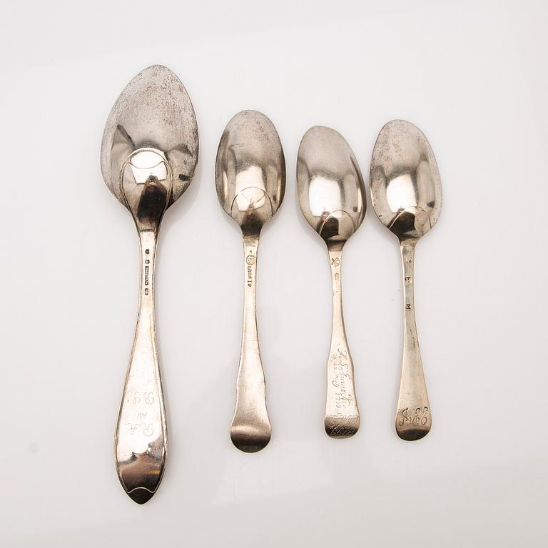 Spoons, 4 pcs, including Carl Fredrik Seseman and Peter Pihl, 18th/19th century.