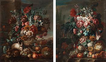 Nicola Malinconico Hans krets, Stilleben med blommor, frukter och kaniner.