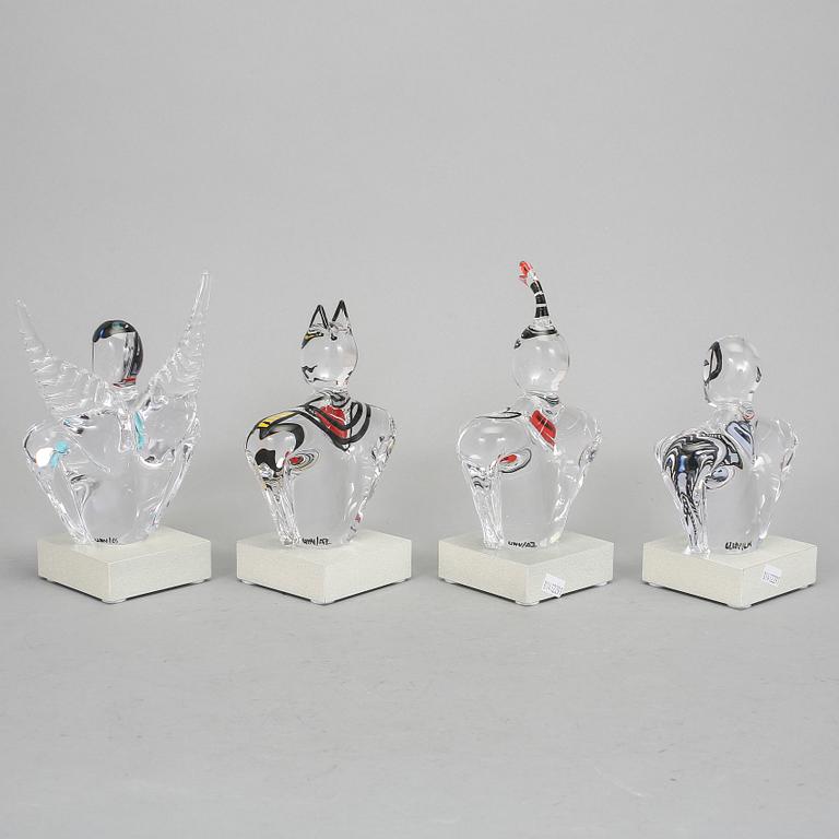 SKULPTURER, 4 st, glas, Ulrica Hydman-Vallien, Kosta Boda.