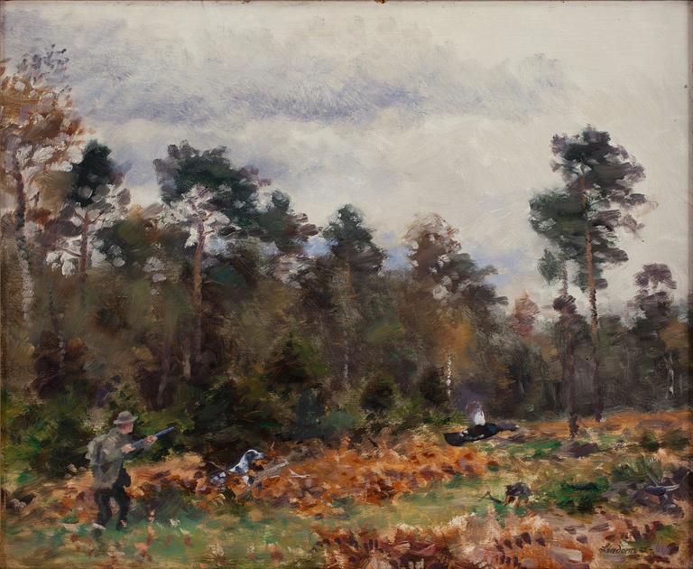 Lindorm Liljefors, Autumn scenary with hunter and dog.