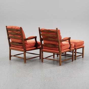 A pair of Gustavian style armchairs with one stool, second half of the 20th Century.