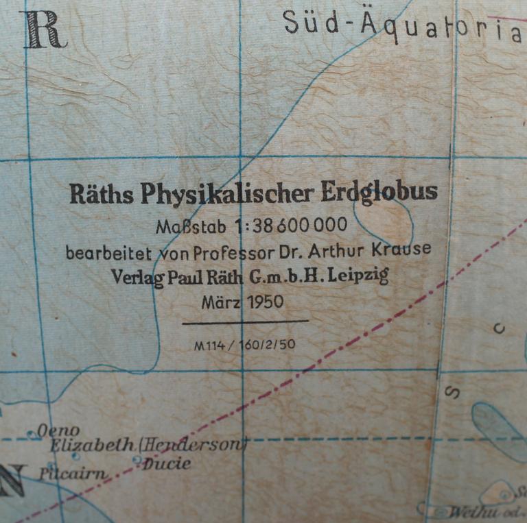 JORDGLOB, Räths Physikalischer Erdglobus, 1950.