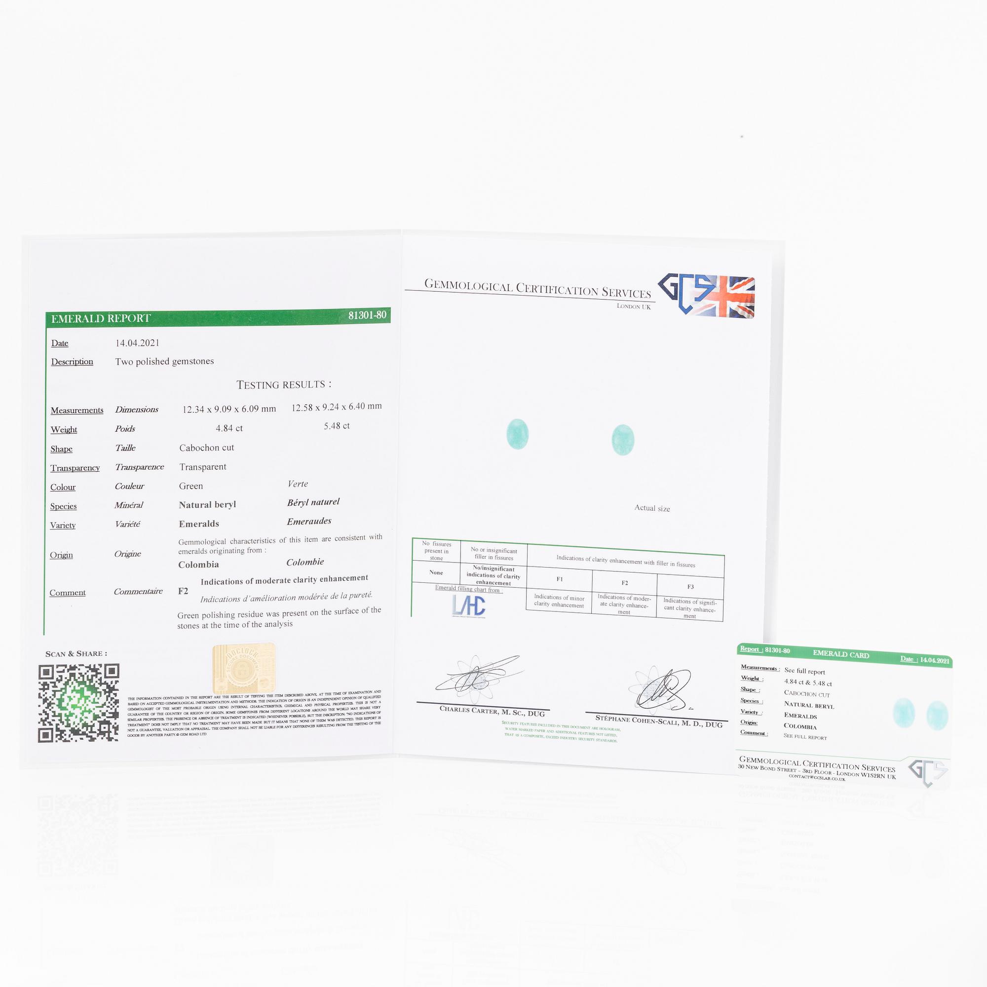 Örhängen platina med cabochonslipade smaragder och gammalslipade diamanter.