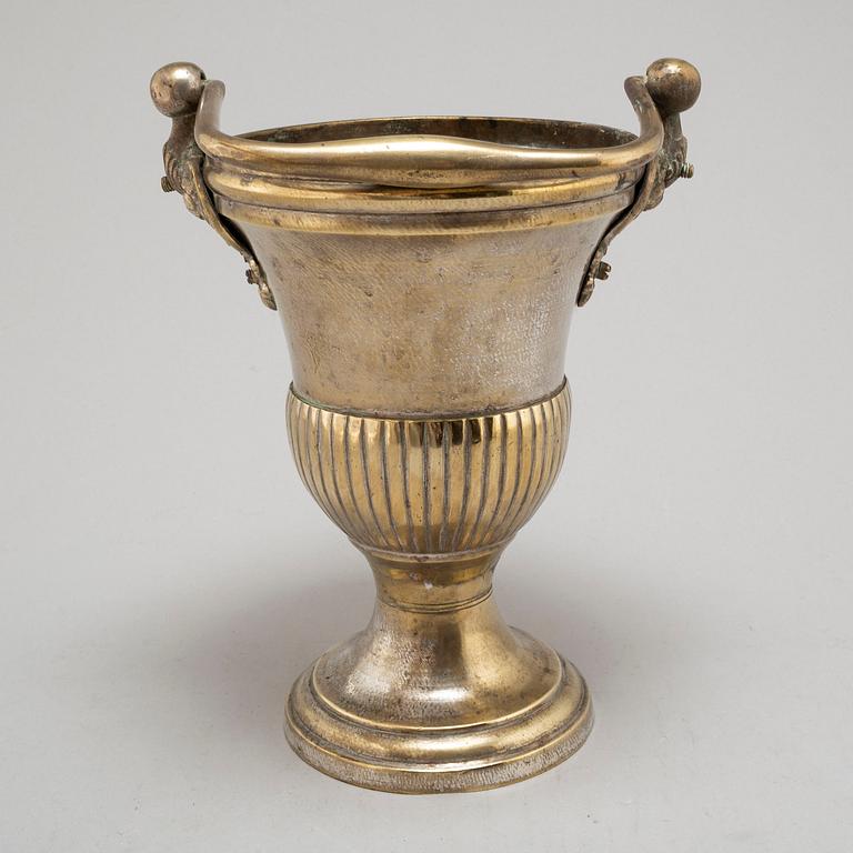 AN 18TH CENTURY SILVERED BRONZE HOLY WATER BOWL.