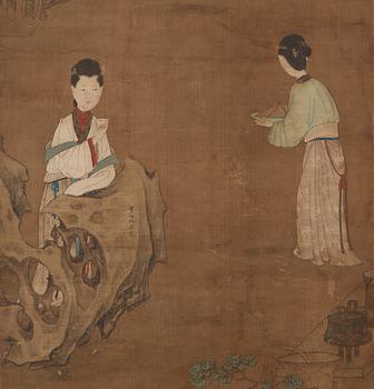 RULLMÅLNING, trädgårdscen med damer och tjänarinnor, i Qiu Yings (c 1494-1551) stil, Qingdynastin, 1800-tal.