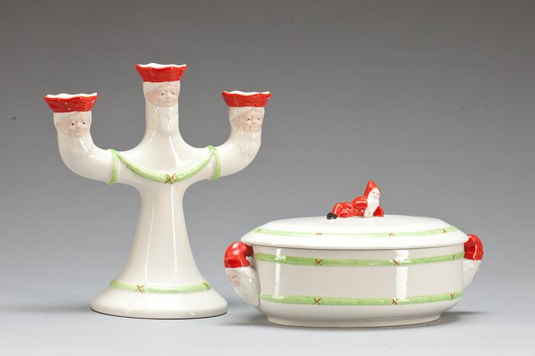 GRÖTSKÅL MED LJUSSTAKE, flintgods, "God Jul", Gustavsberg 1900-talets slut.