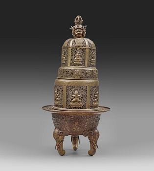 A large copper alloy incense burner, Tibet or Mongolia 19th Century.