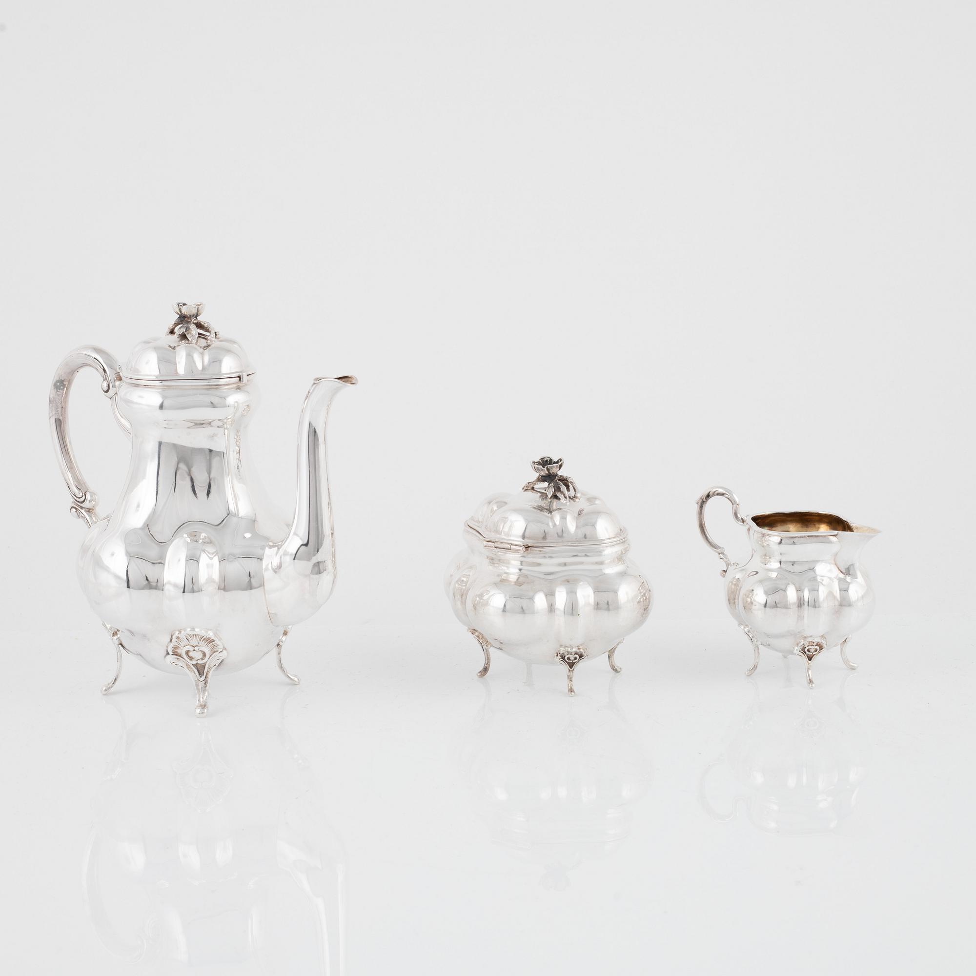 Kaffeservis, 3 delar, silver, rokokostil, svensk importstämpel.