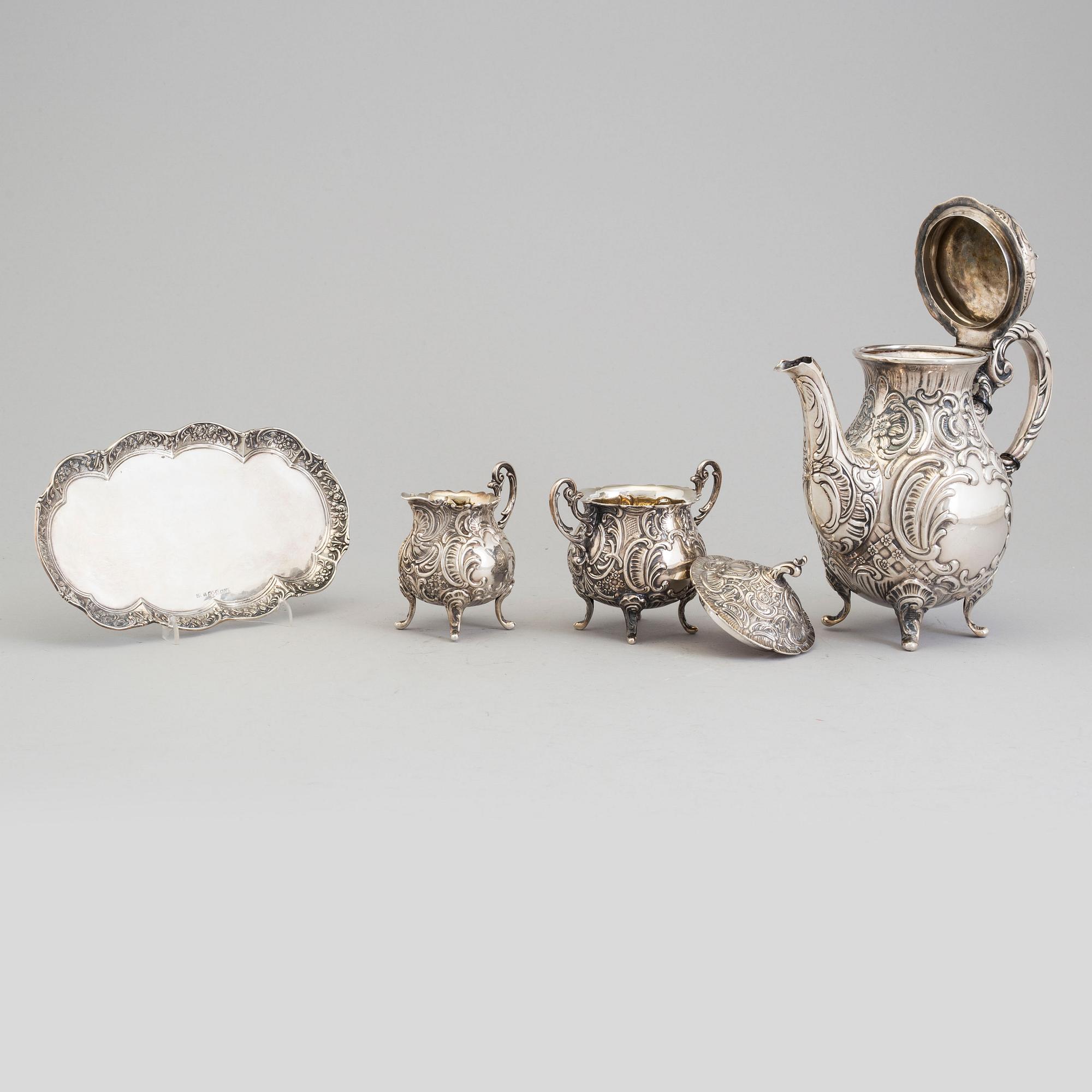 KAFFESERVIS, 4 delar, silver, rokokostil,  GEWE Malmö, 1954.