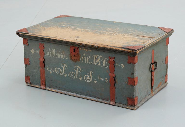 A Swedish wooden chest, marked 1830.