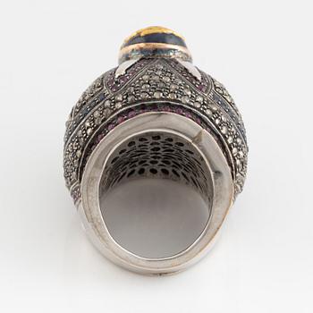Flat cut diamond, rose cut diamonds, sapphire and ruby ring.