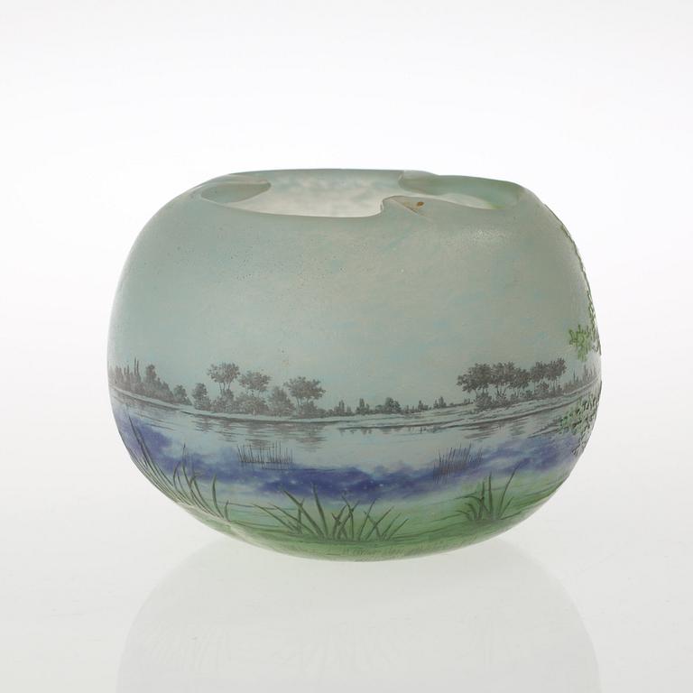 A Daum Art Nouveau enamel painted cameo glass bowl, Nancy France ca 1900.