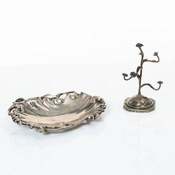 Three cups, dish, basket, jug, bowl, and ring holder, silver.
