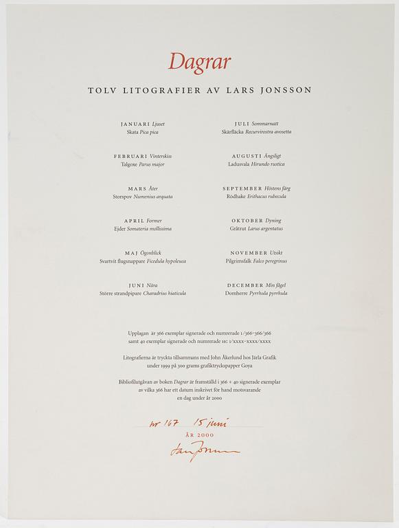 Lars Jonsson, portfölj "Dagrar", 2000,  med 12 färglitografier, signerade 167/366.