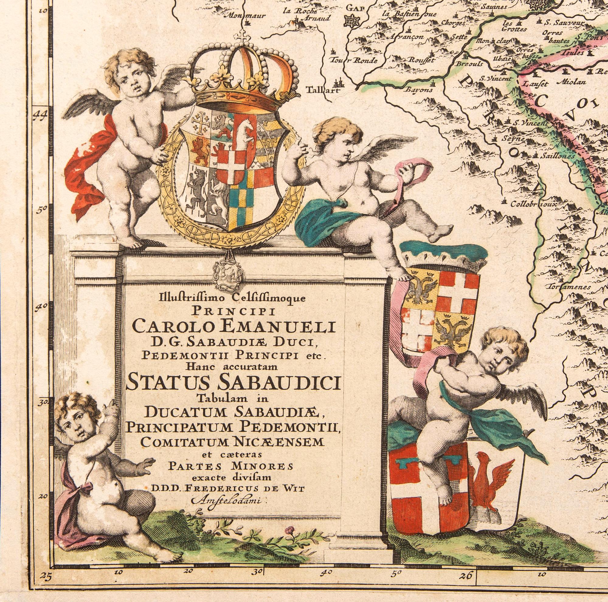 Frederik de Wit, map Savoy & Piemonte, hand colored copperengraving, Amsterdam 1680s.