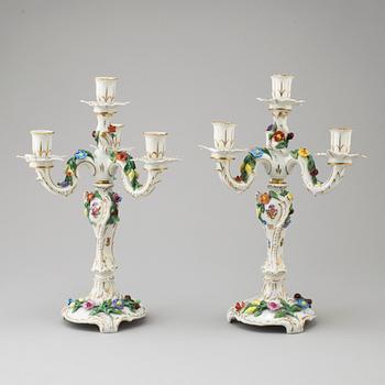 A PAIR OF DRESDEN PORCELAIN CANDELABRA, MID 20TH CENTURY.
