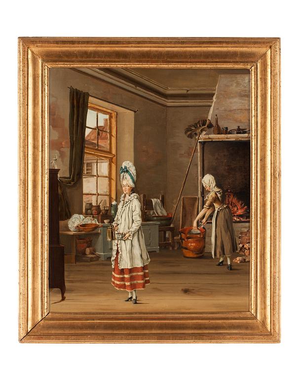 Johan Rodin Attributed to, A kitchen interior with two women.