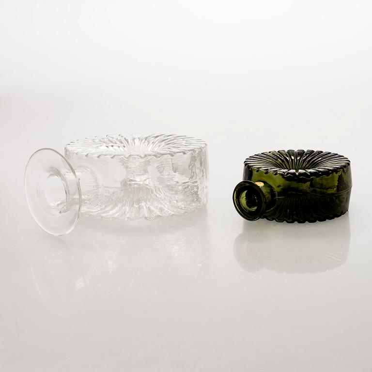 Helena Tynell, two glass 'Sun bottle' bottles for Riihimäen Lasi Oy. In production 1964-1974.