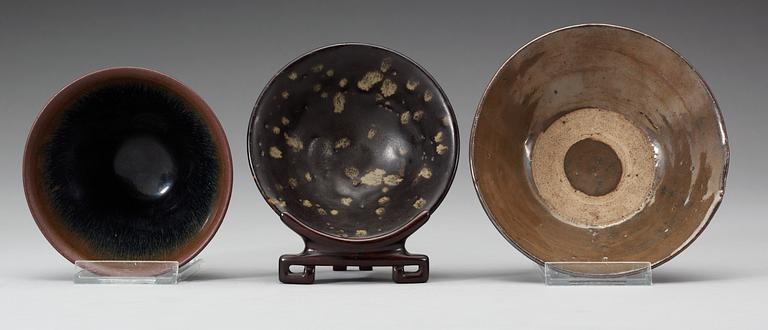 Three bowls, temmoku, a brown glazed and a brown-spotted glazed, Song dynasty (960-1279).