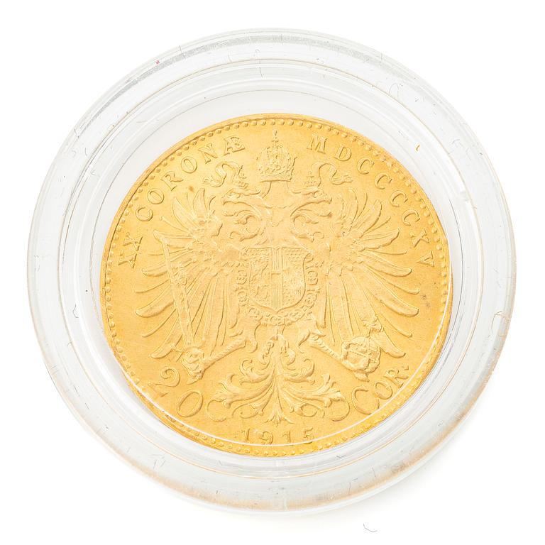 Gold coin, Austria-Hungary, Franz Josef, 20 Corona, 1915, later striking.