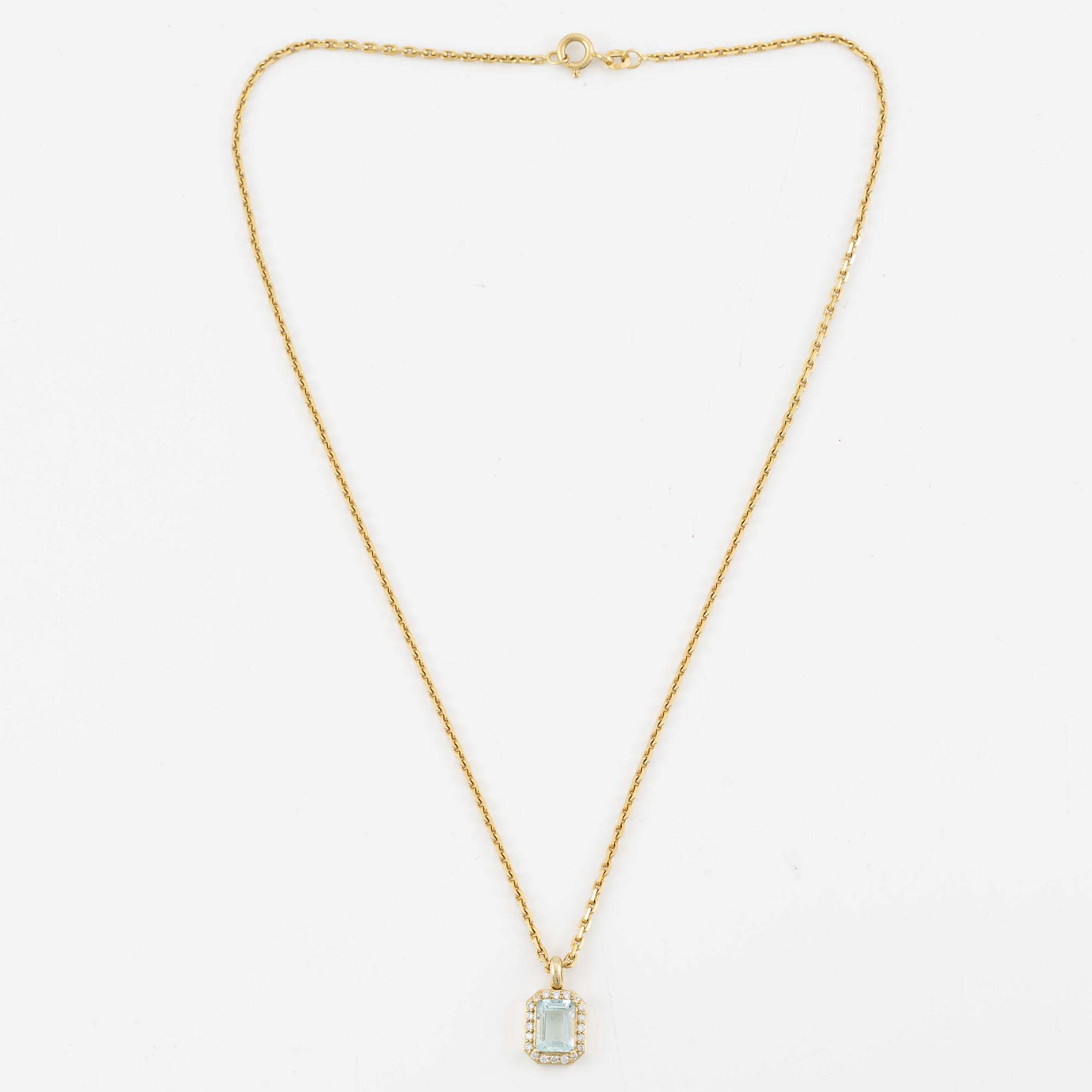 Hänge med kedja 14K guld med en fasettslipad akvamarin och runda briljantslipade diamanter.