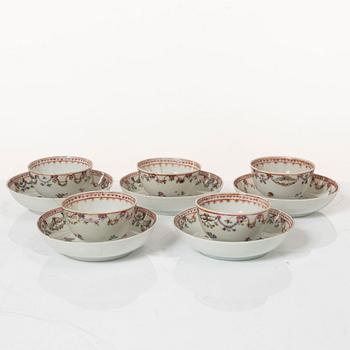 A set of five famille rose tea cups, Qing dynasty, 18th century and a bowl, Qing dynasty, 19th century.