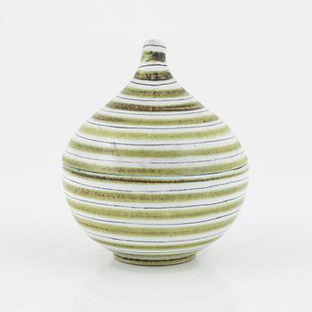 Stig Lindberg, skål med lock, fajans,  randig och grön, Gustavsberg.