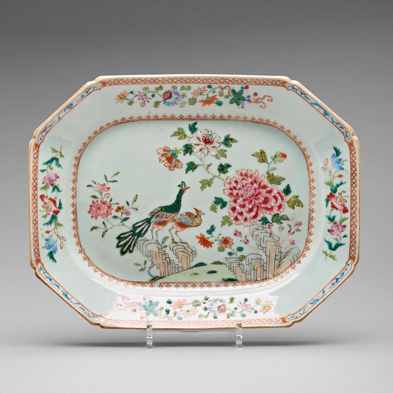 A famille rose 'double peacock' serving dish, Qing dynasty, Qianlong (1736-95).