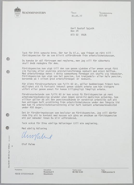 OLOF PALME. 18 hand signed letters dated September 1982-February 1986.