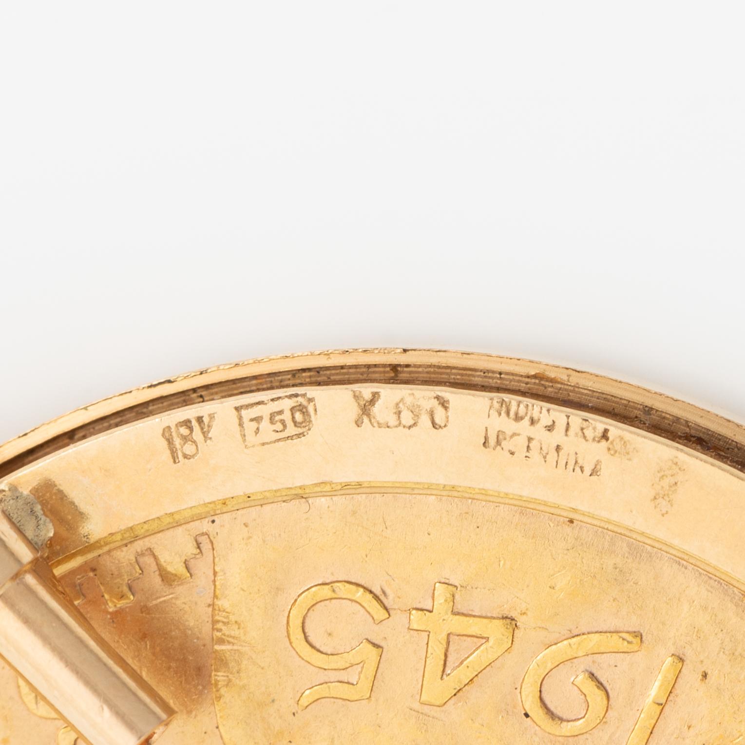 Brooch/pendant, 18K gold with set gold coin, 50 pesos, Mexico.