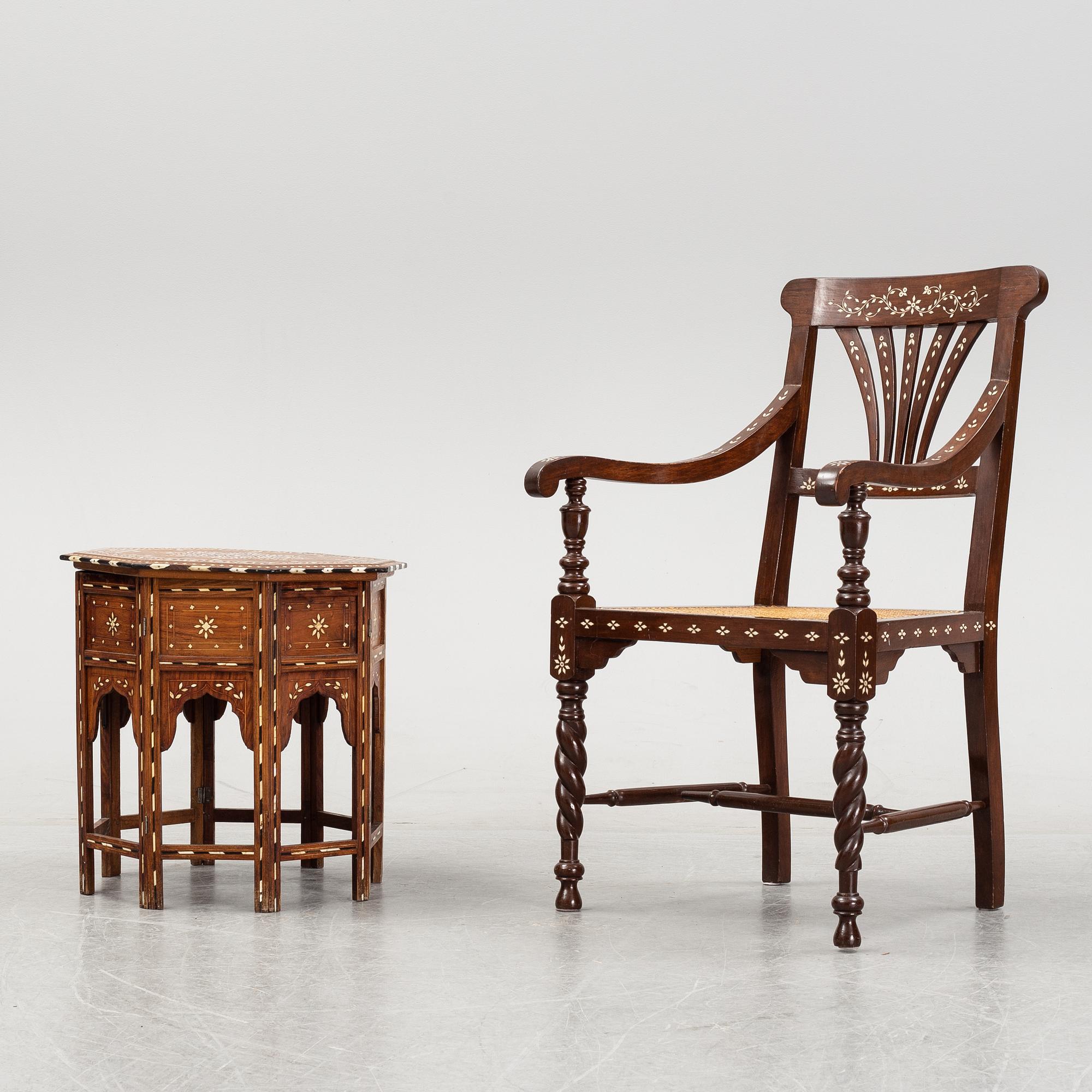 A Middle-Eastern occasional table and armchair, 20th Century.