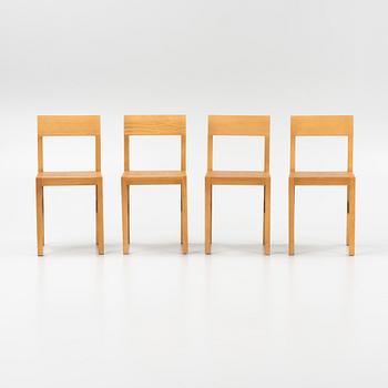 A set of four signed stained pine 'Bracket Chairs' by Frederik Gustav for Frama, Copenhagen 2023.