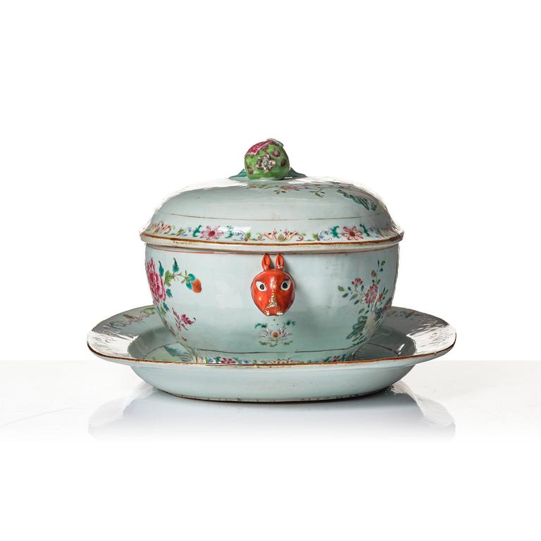 A famille rose 'double peacock' tureen with cover and stand. Qing dynasty, Qianlong (1736-95).