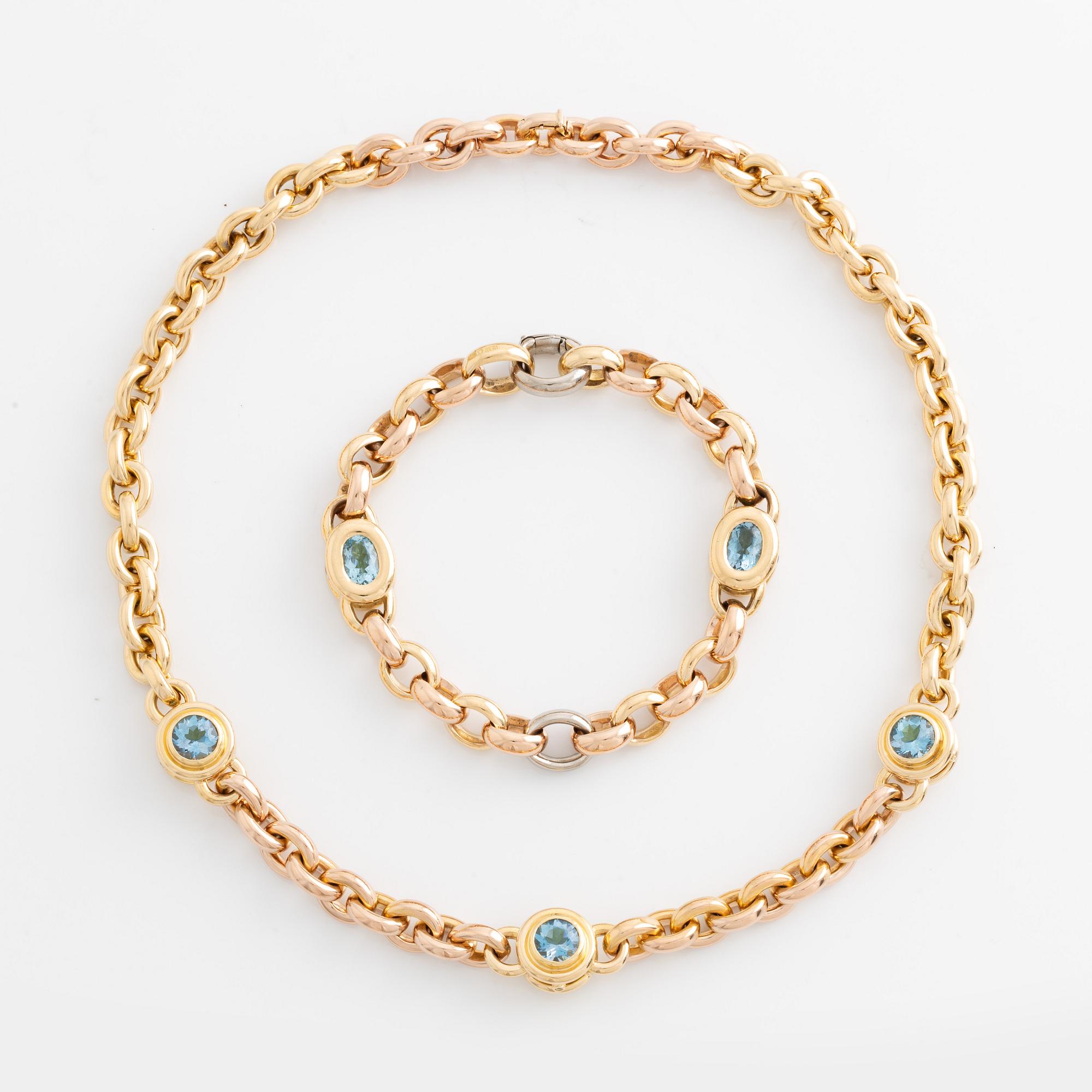 Gaudy, necklace and bracelet with peridot and aquamarines.