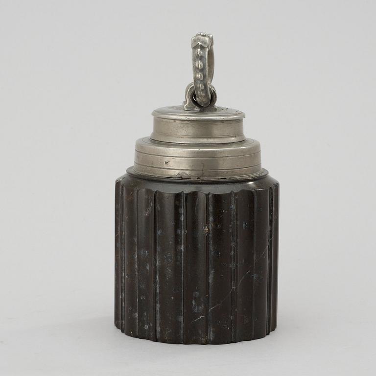 A Baroque 17th century serpentine stone and pewter jar with cover.