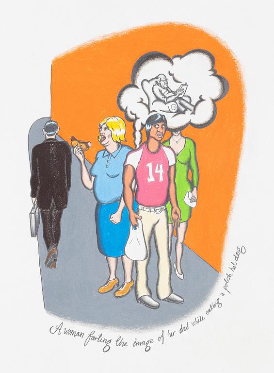Johan Zetterquist, "A woman farting the image of her dad while eating a polish hotdog".