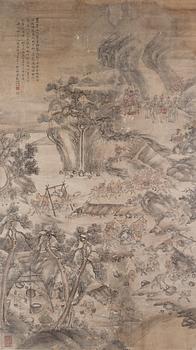 933. A Chinese painting, signed Wenhuan 文焕, dated 1888. 'Moving rocks from the water'.