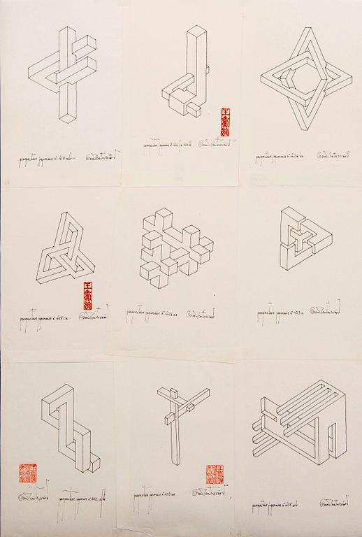 Oscar Reutersvärd, ink drawings 9 sheets, signed, no 17.