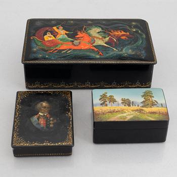 Three lacquer-ware boxes, Russia, 19th/20th century.