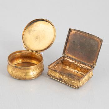 Two Louis XV gilt copper snuff boxes, later part 18th century.