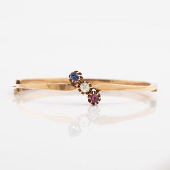 Bracelet 14K gold with old-cut diamond, sapphire and ruby.