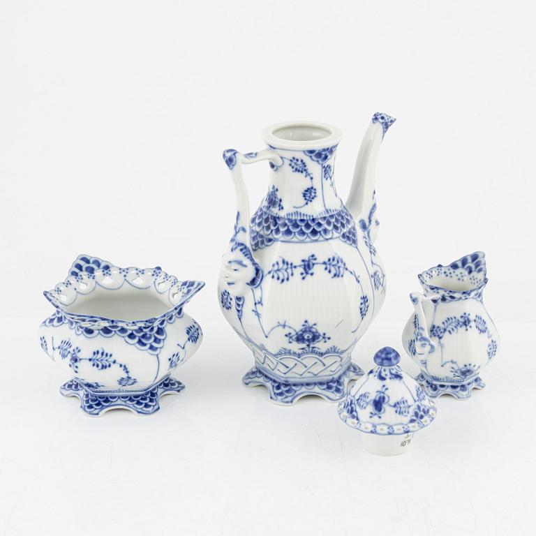A 'Musselmalet' coffee pot, a sugarbowl and a creamer, Royal Copenhagen, Denmark.