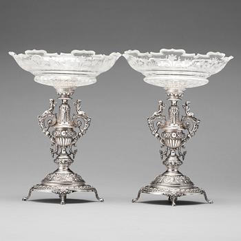 140. A pair of Swedish 19th century silver and glass tazza, mark of Gustaf Möllenborg, Stockholm 1882.