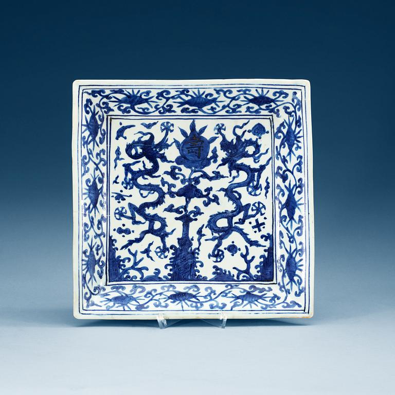 A blue and white dish, Ming dynasty with Jiajings six character mark and of the period (1522-66).