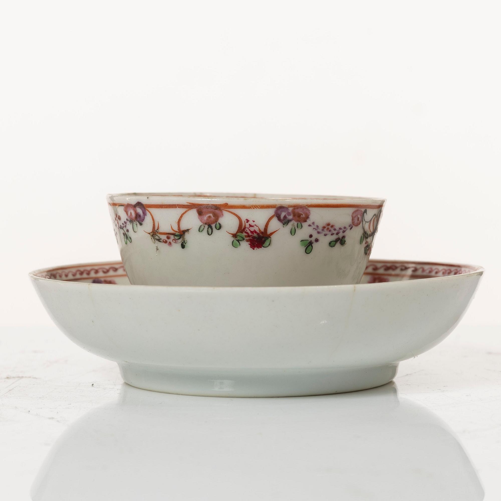 A set of five famille rose tea cups, Qing dynasty, 18th century and a bowl, Qing dynasty, 19th century.