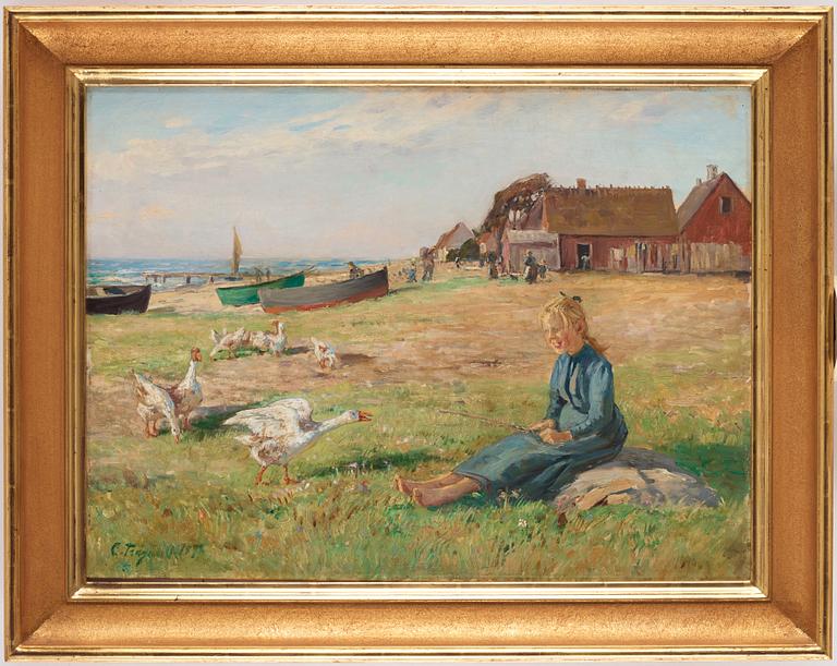 Carl Trägårdh, Girl with geese on a beach.