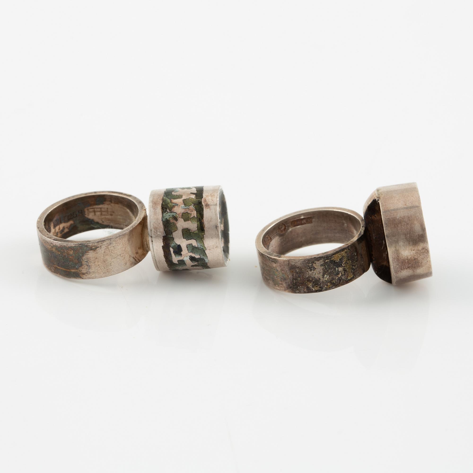 Lars Arby, five rings in sterling silver, Gothenburg 1963, 1966, 1967 and 1972.
