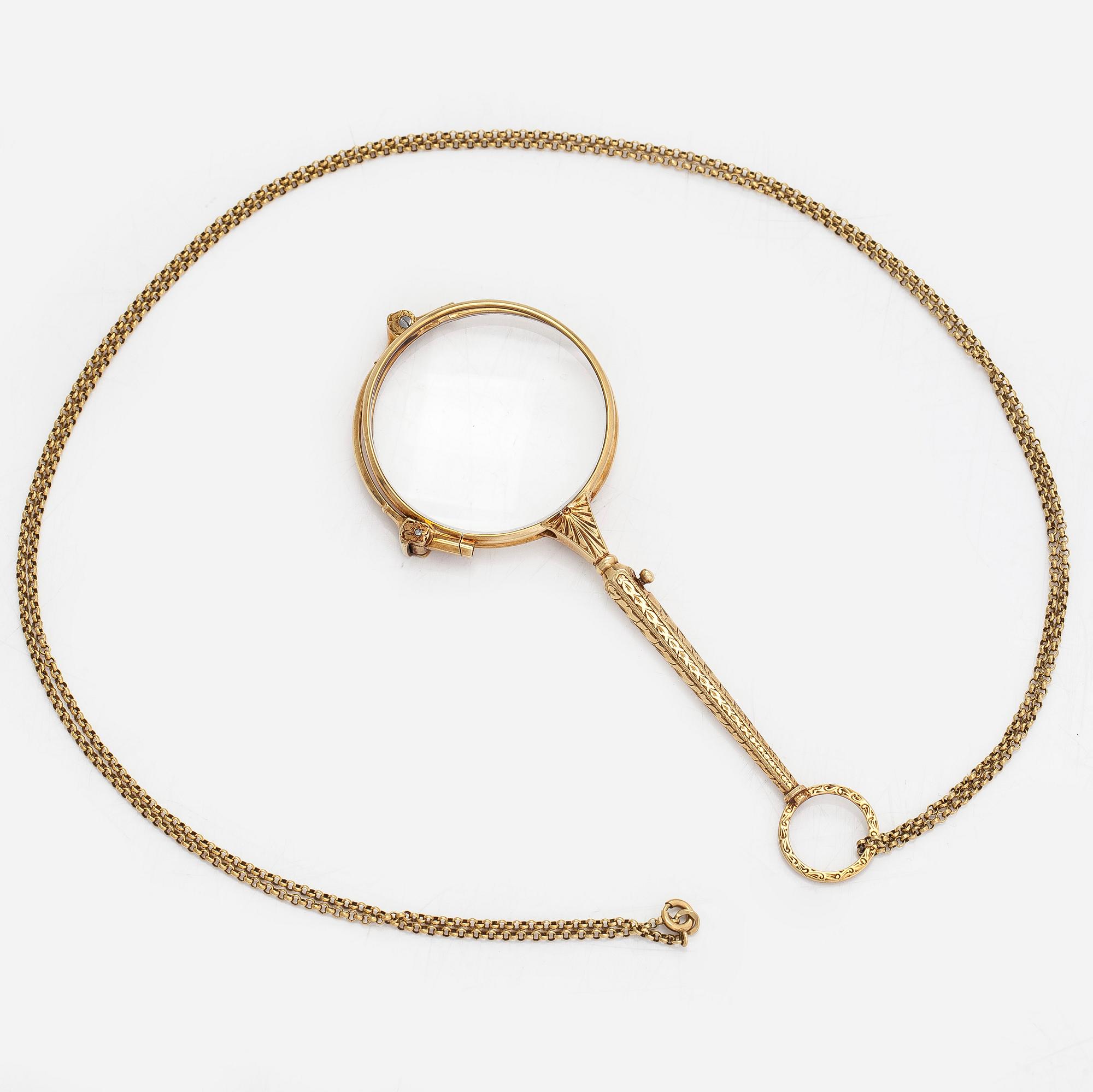 Lornjett med kedja, 14K guld. Importstämplad Hugo Grün, Helsingfors 1929.