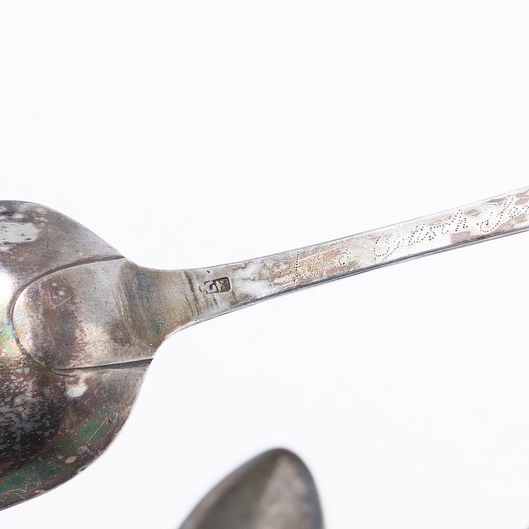 Eight silver spoons, 18th/19th century, including with mark of Jacob Edström, Borås 1796.